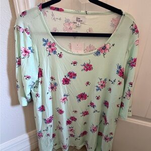 Kim Rogers Floral Long Sleeve Top - Light Green and Pink